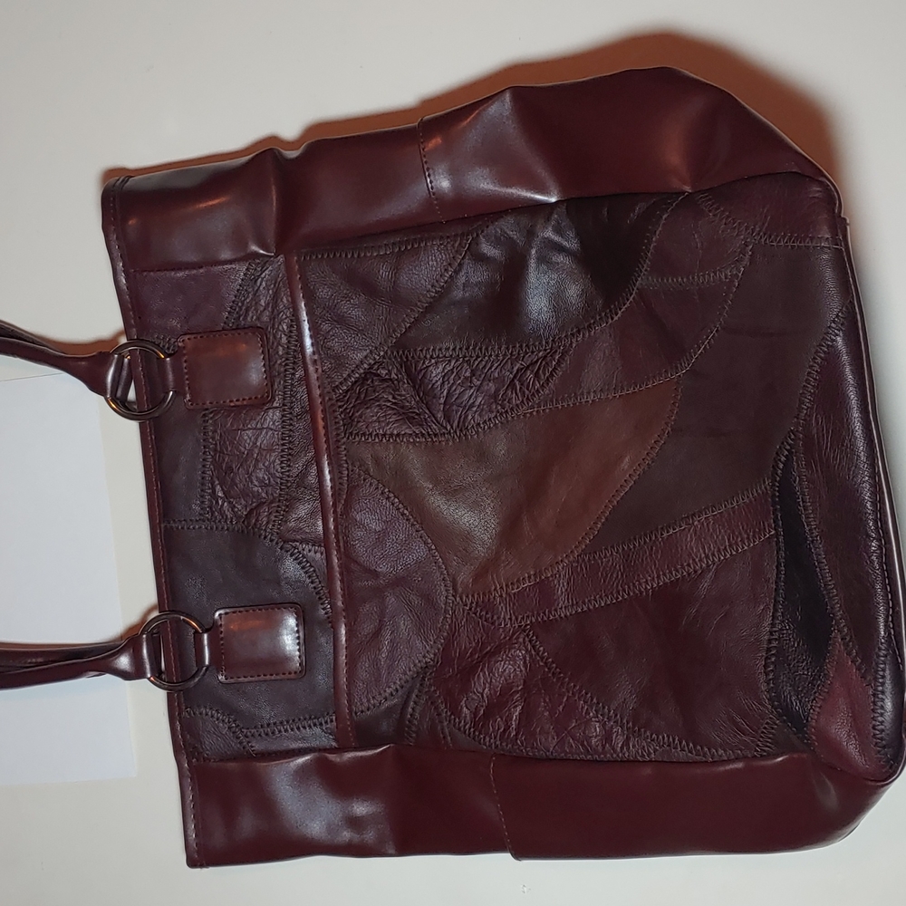 Retro burgundy leather patchwork bucket bag